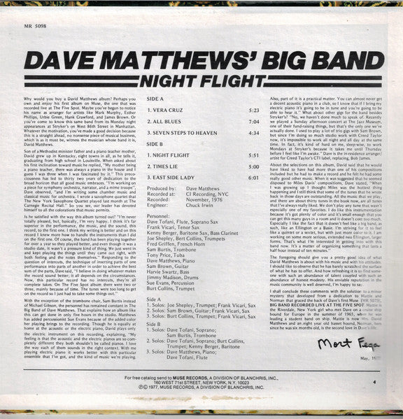 Dave Matthews' Big Band - Night Flight - Mint- LP Record 1977 Muse USA Original Vinyl - Jazz / Jazz-Funk - Shuga Records