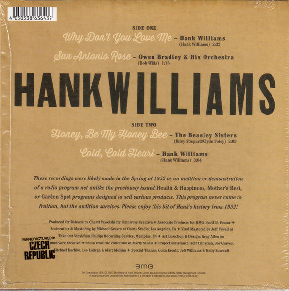 Hank Williams - 1952 Radio Audition - New 7" Single Record Store Day Black Friday 2020 BMG Red Vinyl - Country - Shuga Records