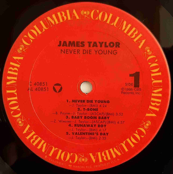 James Taylor - Never Die Young LP Mint- LP Record 1988 Columbia USA Vinyl - Soft Rock / Pop Rock / Folk Rock - Shuga Records