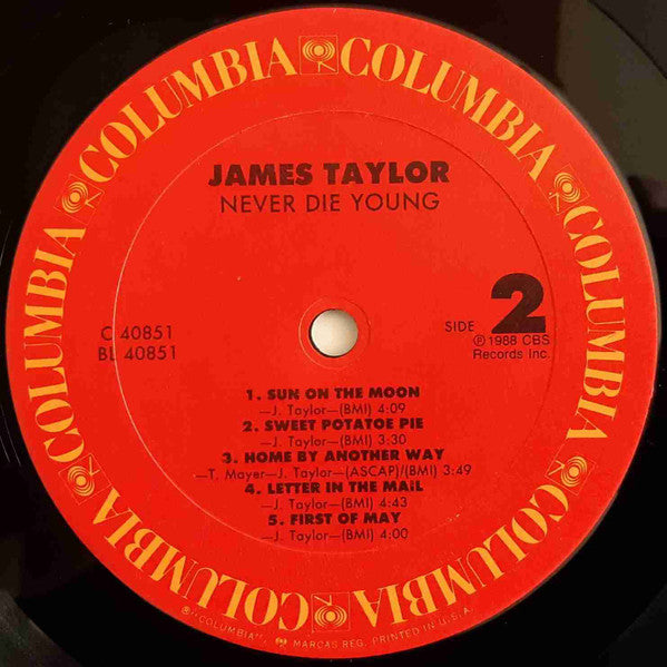 James Taylor - Never Die Young LP Mint- LP Record 1988 Columbia USA Vinyl - Soft Rock / Pop Rock / Folk Rock - Shuga Records