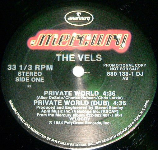 Signed Autographed - The Vels - Private World - Mint- 12" Single Record 1984 Mercury USA Promo Vinyl & Press Kit w/Photo - New Wave / Synth-pop - Shuga Records