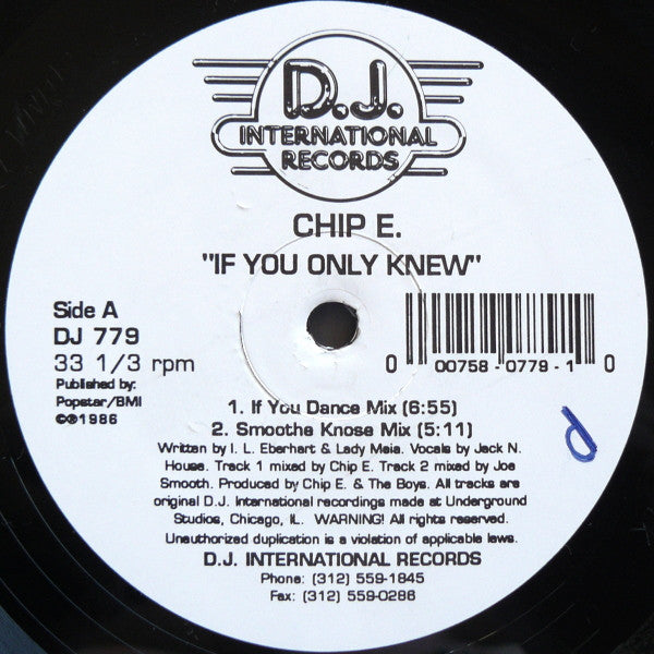 Chip E. - If You Only Knew (1986) - VG 12" Single Record 1989 D.J. International USA Vinyl - Chicago House - Shuga Records