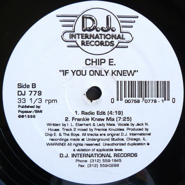 Chip E. - If You Only Knew (1986) - VG 12" Single Record 1989 D.J. International USA Vinyl - Chicago House - Shuga Records