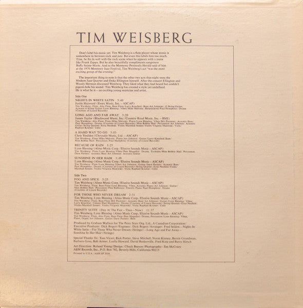 Tim Weisberg - Tim Weisberg - VG+ LP Record 1971 A&M USA Original Vinyl - Jazz Fusion / Jazz-Funk - Shuga Records