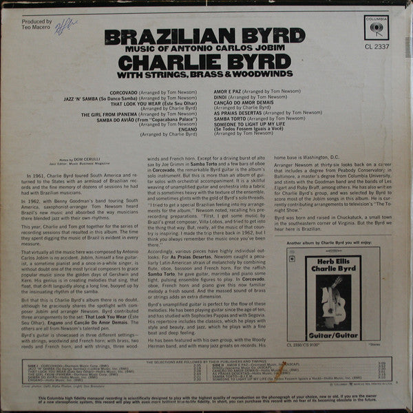 Charlie Byrd - Brazilian Byrd - Music Of Antonio Carlos Jobim With Strings, Brass & Woodwinds - VG+ LP Record 1965 Columbia USA White Label Promo Vinyl - Jazz / Bossa Nova / Latin Jazz - Shuga Records