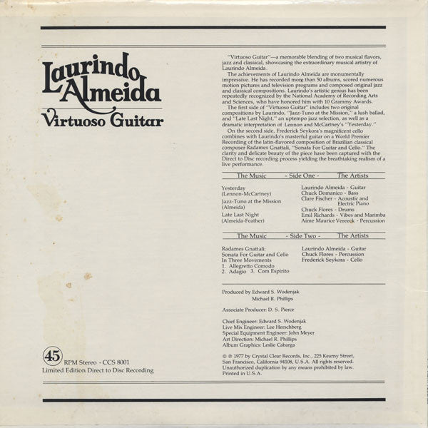 Laurindo Almeida - Virtuoso Guitar - VG+ LP Record 1977 Crystal Clear Direct To Disc White Vinyl Audiophile - Bossa Nova / Latin Jazz - Shuga Records