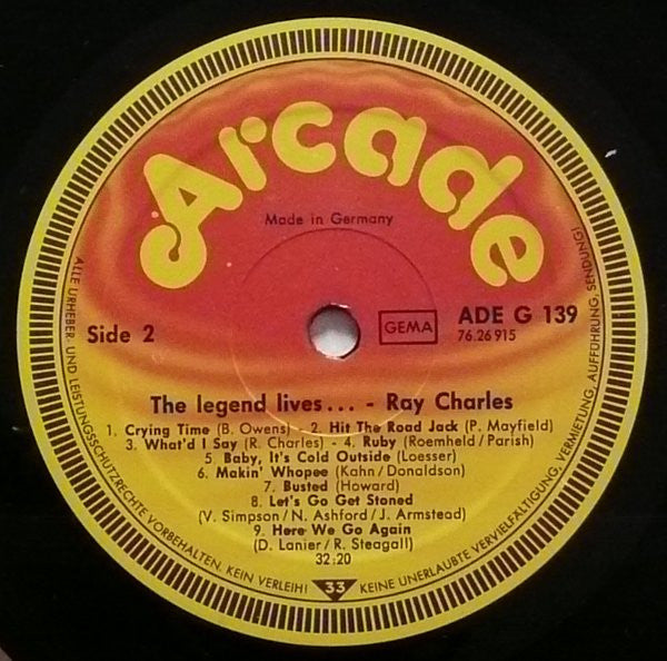 Ray Charles - The Legend Lives... - VG+ LP Record 1981 Arcade Germany Vinyl - Rhythm & Blues / Soul - Shuga Records