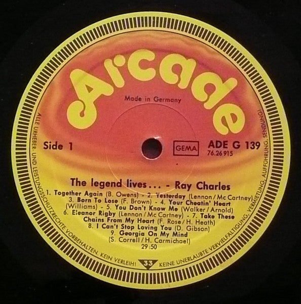 Ray Charles - The Legend Lives... - VG+ LP Record 1981 Arcade Germany Vinyl - Rhythm & Blues / Soul - Shuga Records