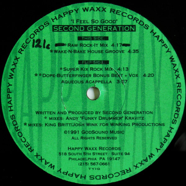 Second Generation - I Feel So Good - VG+ 12" Single Record 1991 Happy Waxx USA Vinyl - Breakbeat - Shuga Records