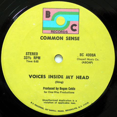 Common Sense - Voices Inside My Head - VG+ 12" Single Record 1980 BC Records USA Original Vinyl - Disco / Funk - Shuga Records