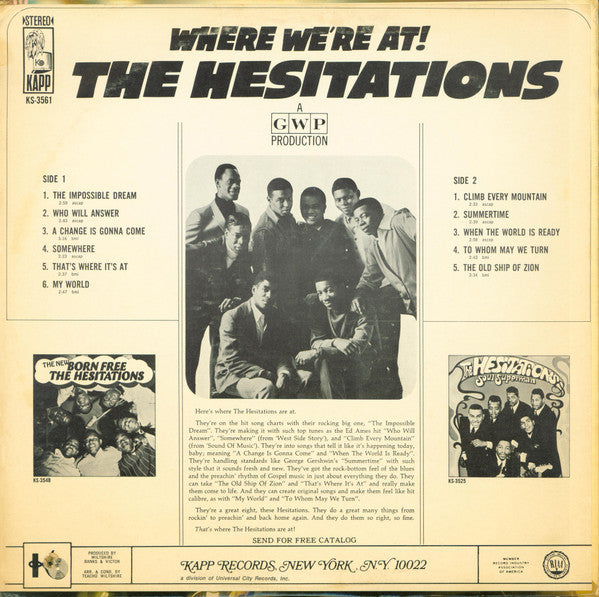 The Hesitations - Where We're At! - VG+ LP Record 1968 Kapp USA Original Vinyl - Soul / Funk / Gospel - Shuga Records