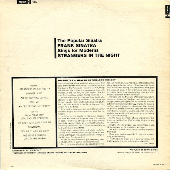 Frank Sinatra - Strangers In The Night - VG+ LP Record 1966 Reprise USA Mono Vinyl - Jazz / Vocal - Shuga Records