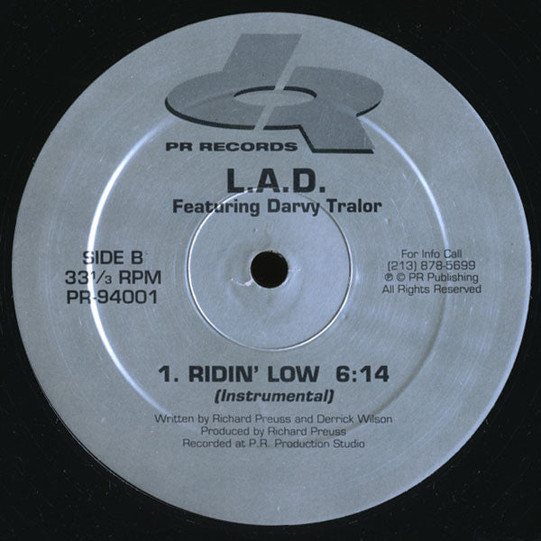 L.A.D. Featuring Darvy Tralor - Ridin' Low - Mint- 12" Single Record 1995 PR USA Vinyl - Hip Hop / Gangsta - Shuga Records