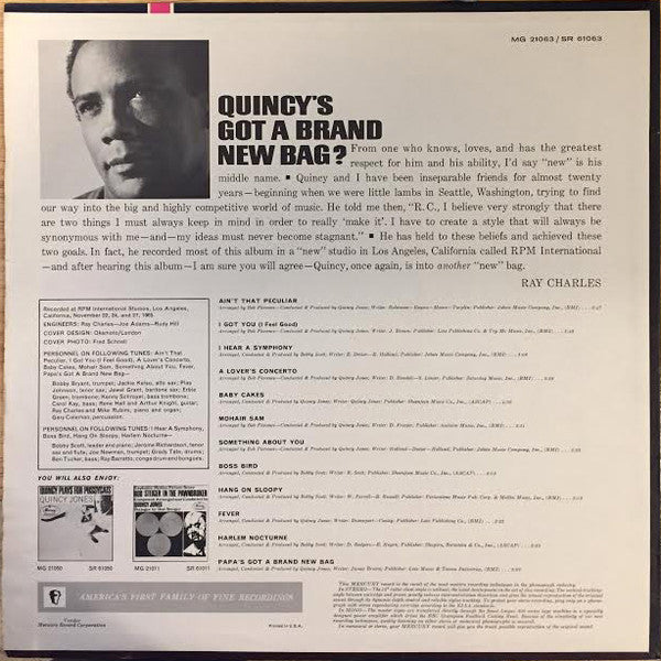 Quincy Jones And His Orchestra - Quincy's Got A Brand New Bag - VG+ LP Record 1965 Mercury USA Original Vinyl - Jazz / Soul-Jazz / Jazz-Funk - Shuga Records