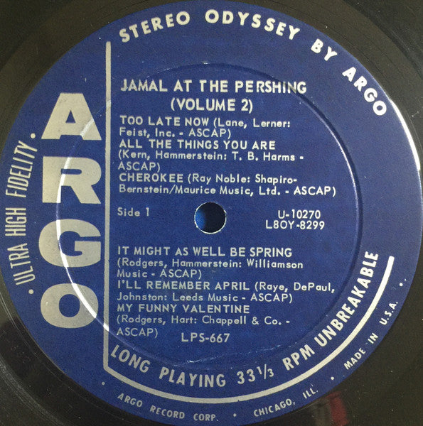 Ahmad Jamal Trio - Jamal At The Pershing Volume Two - VG+ LP Record 1961 Argo USA Original Vinyl - Jazz / Post Bop - Shuga Records