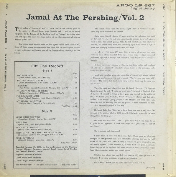 Ahmad Jamal Trio - Jamal At The Pershing Volume Two - VG+ LP Record 1961 Argo USA Original Vinyl - Jazz / Post Bop - Shuga Records