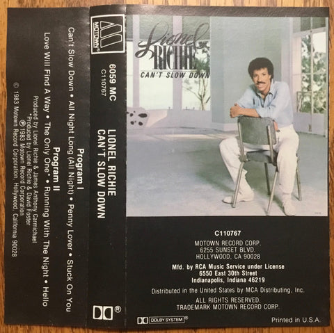 Lionel Richie ‎– Can't Slow Down - VG+ Cassette Album 1983 Motown Club Edition USA Tape - Soul / Pop