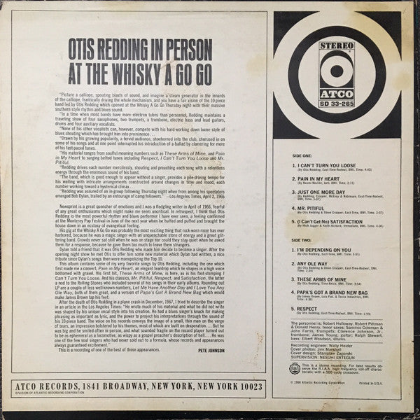 Otis Redding - In Person At The Whisky A Go Go - VG+ LP Record 1968 ATCO USA Original Vinyl - Soul / R&B - Shuga Records