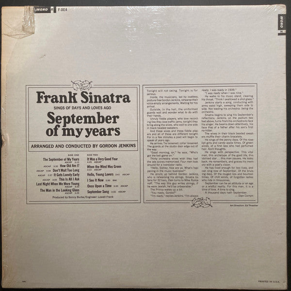Frank Sinatra - September Of My Years - VG+ LP Record 1965 Reprise USA Original Mono Vinyl - Jazz / Vocal - Shuga Records