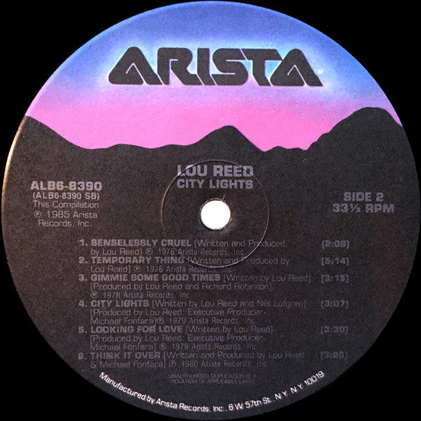 Lou Reed - City Lights (Classic Performances By Lou Reed) - VG+ LP Record 1986 Arista USA Vinyl - Glam Rock / Classic Rock - Shuga Records