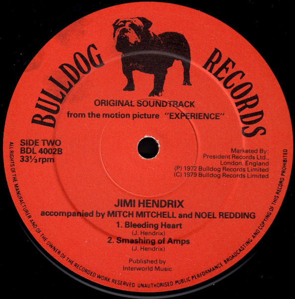 Jimi Hendrix - Original Sound Track From The Feature Length Motion Picture “Experience” - VG+ LP Record 1979 Bulldog UK Vinyl - Psychedelic Rock / Blues Rock - Shuga Records