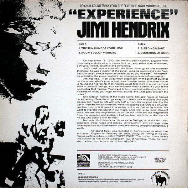 Jimi Hendrix - Original Sound Track From The Feature Length Motion Picture “Experience” - VG+ LP Record 1979 Bulldog UK Vinyl - Psychedelic Rock / Blues Rock - Shuga Records