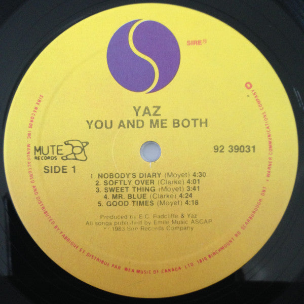Yaz - You And Me Both - VG+ LP Record 1983 Sire Mute Canada Original Vinyl - Pop / Synth-Pop - Shuga Records