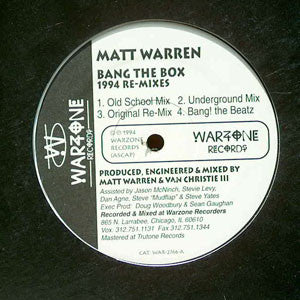 Matt Warren - Bang The Box / House Ain't Givin' Up 1994 Re-Mixes - VG+ 12" Single 1987 Warzone USA - Chicago House - Shuga Records
