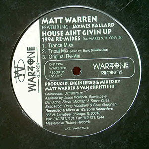 Matt Warren - Bang The Box / House Ain't Givin' Up 1994 Re-Mixes - VG+ 12" Single 1987 Warzone USA - Chicago House - Shuga Records