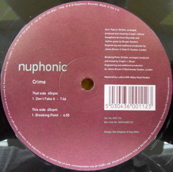 Crime – Don't Fake It / Breaking Point - VG 12" Single Record 1996 Nuphonic UK Vinyl - House / Disco - Shuga Records