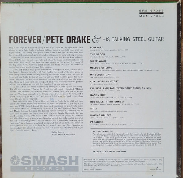 Pete Drake & His Talking Steel Guitar cc – Forever - VG+ LP Record 1964 Smash USA Mono Original Vinyl - Country / Instrumental - Shuga Records
