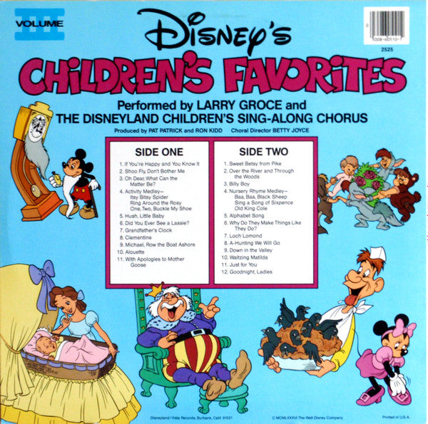 Larry Groce And The Disneyland Children's Sing-Along Chorus - Disney's Children's Favorites Volume III - VG+ LP Record 1986 Disneyland USA Vinyl & Book - Children's - Shuga Records