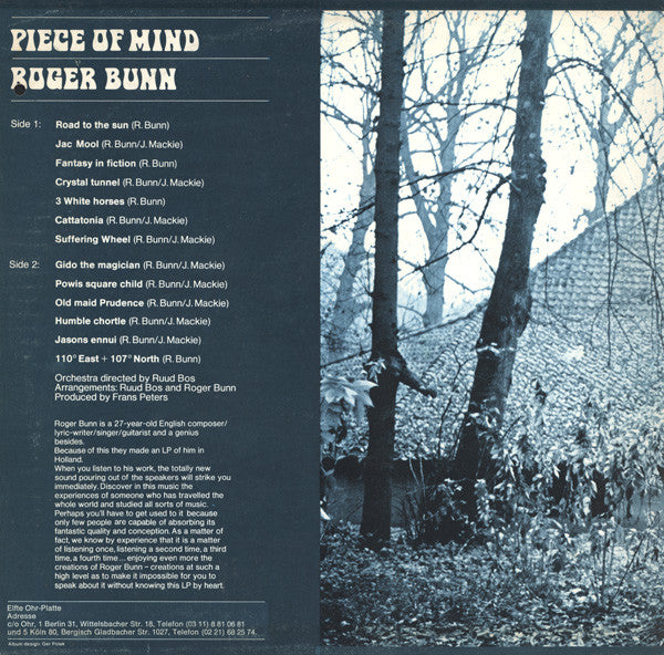 Roger Bunn - Piece Of Mind - VG+ LP Record 1971 Ohr Germany Vinyl - Psychedelic Rock / Folk Rock / Space ROck - Shuga Records