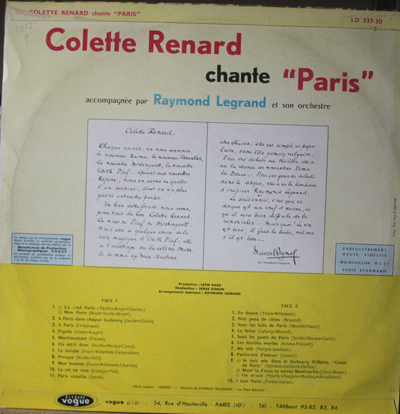 Colette Renard - Chante Paris - VG+ LP Record 1957 Disques Vogue France Vinyl - Pop / Chanson - Shuga Records