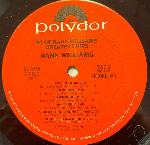 Hank Williams Jr - 24 Of Hank Williams' Greatest Hits - VG+ 2 LP Record 1970s Polydor USA Club Edition Vinyl - Country - Shuga Records