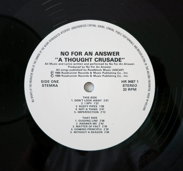 No For An Answer - A Thought Crusade - Mint- LP Record 1989 Hawker Europe Vinyl - Hardcore / Punk - Shuga Records