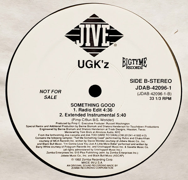 UGK'z* – Something Good - VG 12" Single Record 1992 Jive Bigtyme Recordz USA Promo Vinyl - Hip Hop / Gangsta - Shuga Records