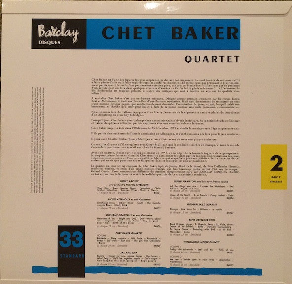 Chet Baker Quartet - Chet Baker Quartet (2) (1955) - New LP Record 2021 Barclay Sam France Mono 180 gram Vinyl & Insert - Jazz / Bop / Cool Jazz - Shuga Records