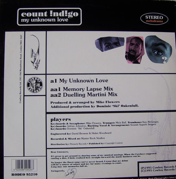 Count Indigo - My Unknown Love - Mint- 10" Single Record 1996 Cowboy UK Vinyl - Downtempo / Acid Jazz / Soul - Shuga Records