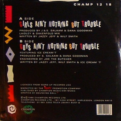 D.J. Jazzy Jeff & Fresh Prince - Girls Ain't Nothing But Trouble - VG+ (VG- cover) 12" Single Record 1986 Champion UK Vinyl - Hip Hop / Pop Rap - Shuga Records