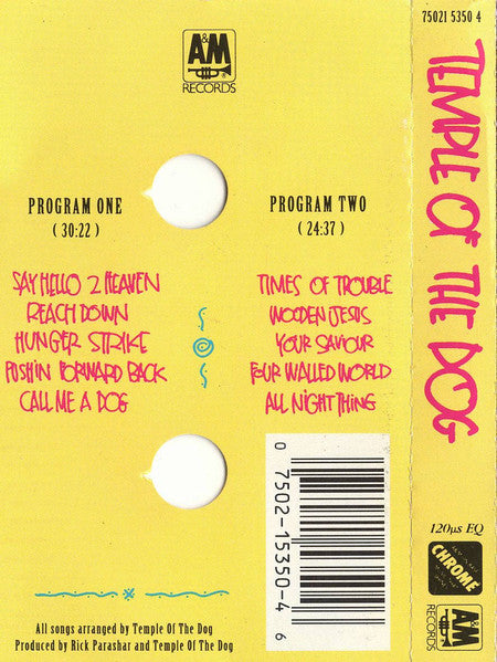 Temple Of The Dog – Temple Of The Dog - VG+ Cassette 1991 A&M USA Tape - Alternative Rock / Grunge - Shuga Records