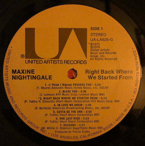 Maxine Nightingale - Right Back Where We Started From - VG+ LP Record 1976 United Artists USA Vinyl - Soul / Disco / Funk - Shuga Records