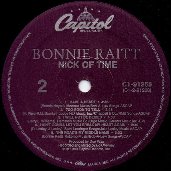 Bonnie Raitt - Nick Of Time - VG+ LP Record 1989 Capitol USA Original Vinyl - Pop Rock / Blues Rock - Shuga Records