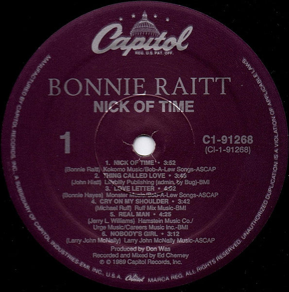 Bonnie Raitt - Nick Of Time - VG+ LP Record 1989 Capitol USA Original Vinyl - Pop Rock / Blues Rock - Shuga Records