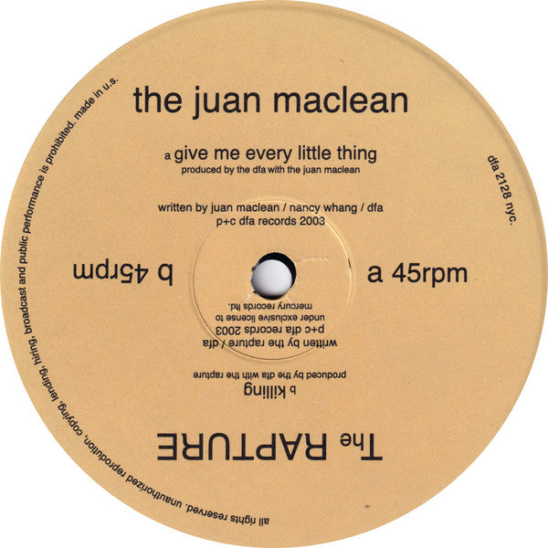 The Juan Maclean / The Rapture - Give Me Every Little Thing / Killing - Mint- 12" Single Record 2003 DFA USA Vinyl - Electro / Leftfield / Disco - Shuga Records