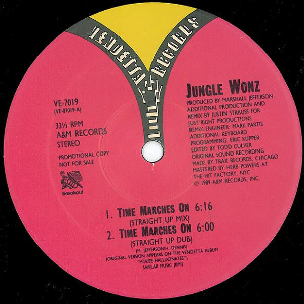 Jungle Wonz - Time Marches On (The Justin Strauss Remixes) - Mint- 12" Single Record 1989 Vendetta USA Promo Vinyl - Chicago House / Deep House - Shuga Records