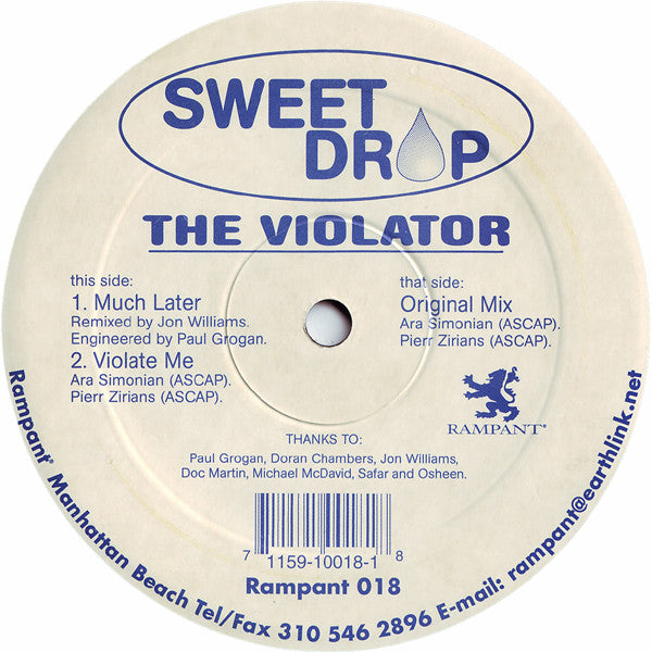 Sweet Drop - The Violator - Mint- 12" Single Record 1996 Rampant USA Vinyl & Insert - Progressive House / Tech House