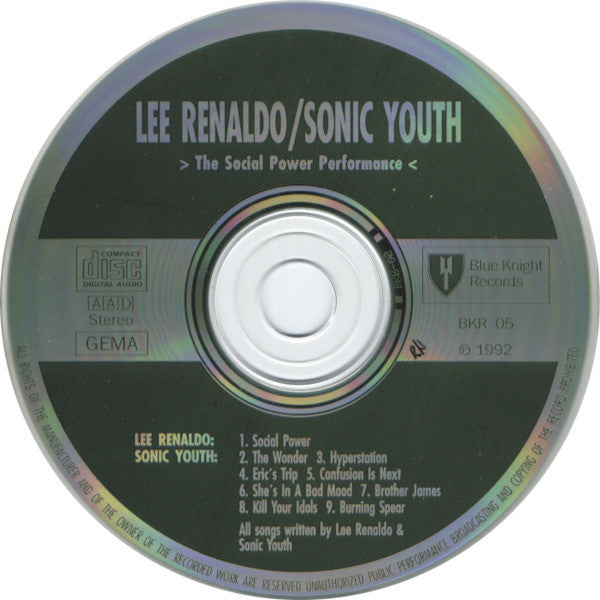 Sonic Youth / Lee Ranaldo - The Social Power Performance - VG+ CD 1992 	Blue Knight Records Germany RARE Unofficial - Alternative Rock - Shuga Records