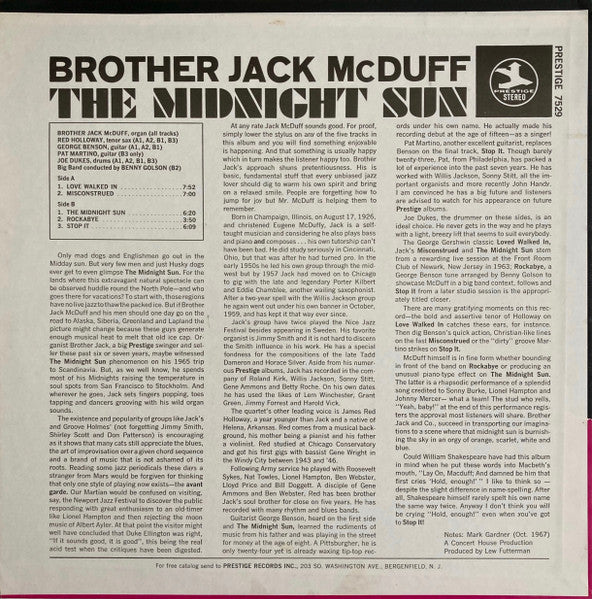Brother Jack McDuff - Midnight Sun - VG LP Record 1968 Prestige Stereo Original Vinyl - Jazz / Soul-Jazz - Shuga Records