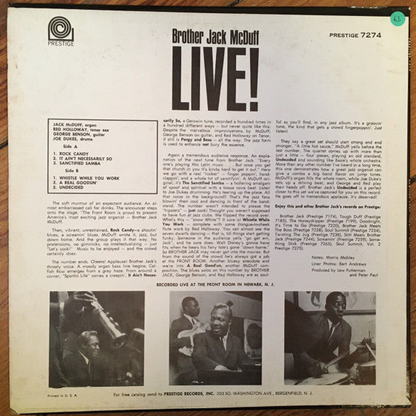 Brother Jack McDuff - Live! - VG LP Record 1964 Prestige USA Mono Vinyl Preview Copy Promo - Jazz / Soul-Jazz / Bop - Shuga Records